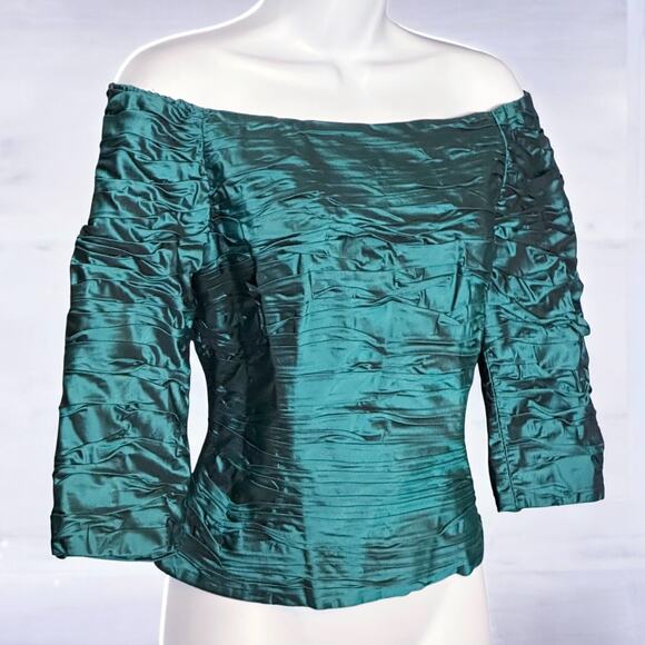 Vintage Chetta B Teal Silk Ruched Off Shoulder Party Top Size 4 Bloom Noviello - Picture 1 of 8